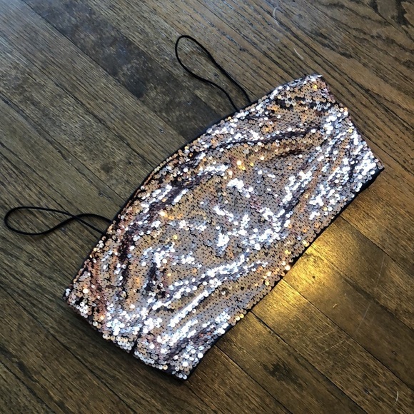 Copper Gold Sequin Spaghetti Strap Stretch Disco Tube Top - Picture 2 of 4